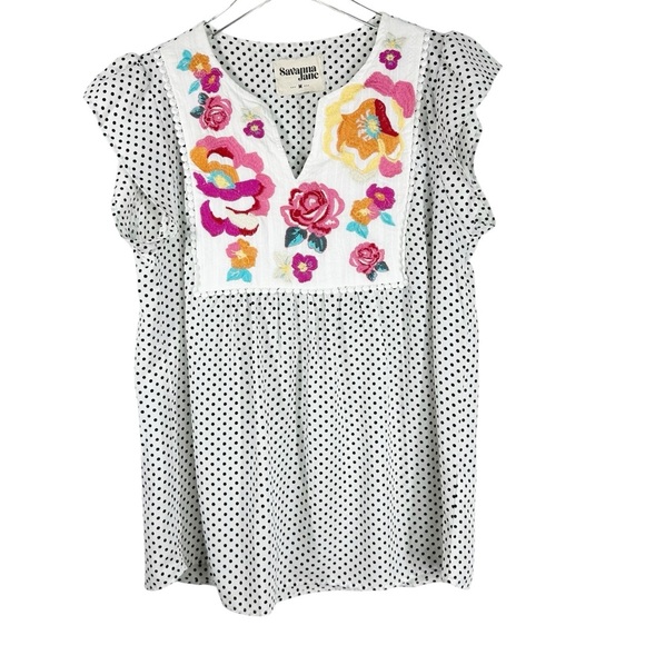 SAVANNA JANE Short Sleeve Floral Embroidered Bohemian Blouse Size Medium - Picture 1 of 5